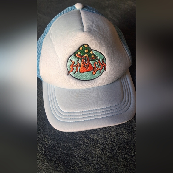 Other - White and Blue Trucker Hat with Mushroom Patch
